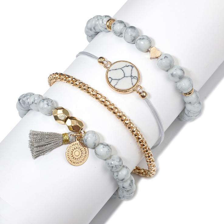 Earth Stone Marble Bracelet Set - 4 pcs