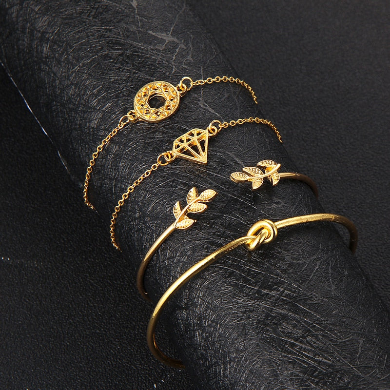 Golden Leaf Bracelet Set - 4 pcs