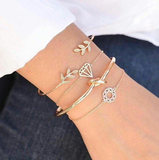 Golden Leaf Bracelet Set - 4 pcs