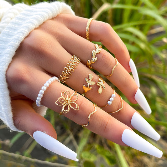 Golden Flower Ring Set - 10 pcs