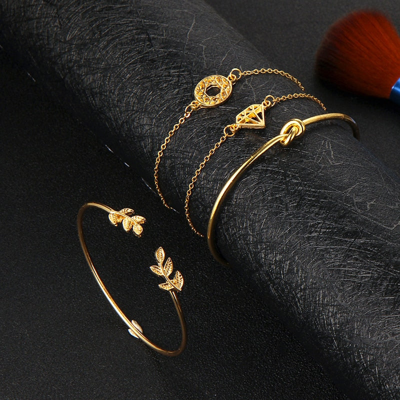 Golden Leaf Bracelet Set - 4 pcs